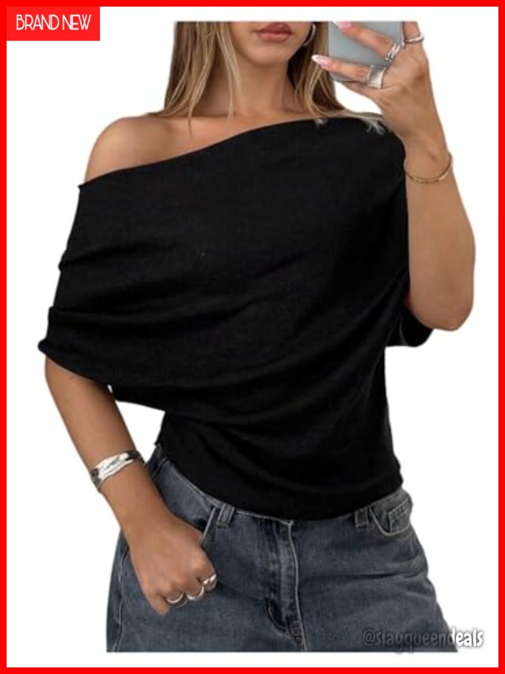 Off Shoulder Bat Wing Sweater Loose Fit Cinched Waist Pullover